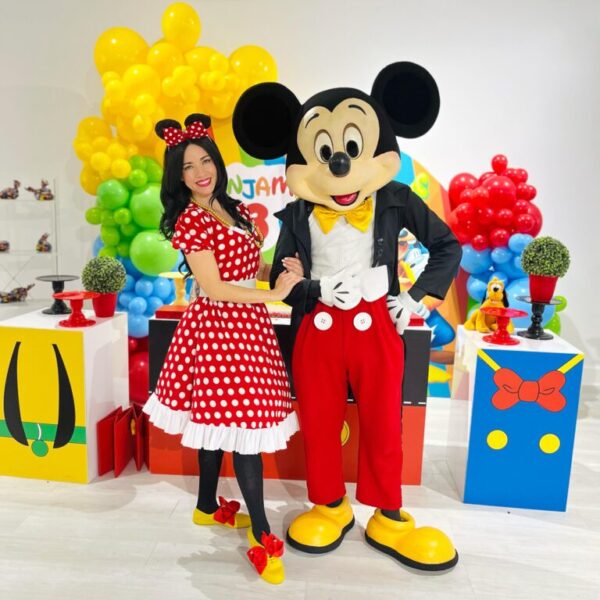 Mickey Mouse and Minnie Mouse at a children's birthday celebration in Miami